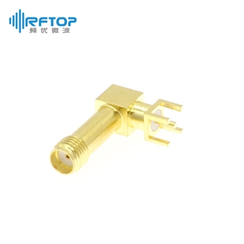 SMA母头插孔焊接PCB连接器, DC-18GHz, 90度直弯, 安装孔距5.1mm, 尾针直径1.3mm - RC18SFW-STH13-GBA