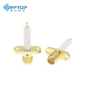 SMA母头介质穿墙连接器, DC-18GHz, 2孔法兰, 安装孔距12.2mm, 尾针直径1.3mm, 介质长15mm - RC18SF-PF2D13-GBA-15